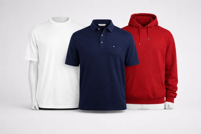 Workforce Collection polos in white, navy and red